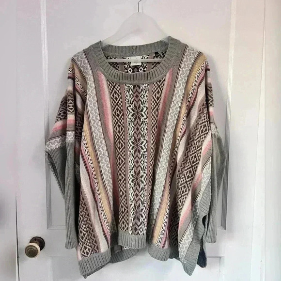 CAbi Fair Isle Poncho Sweater 3121 Knit Long Sweater Boxy Nordic Gray - Picture 1 of 4